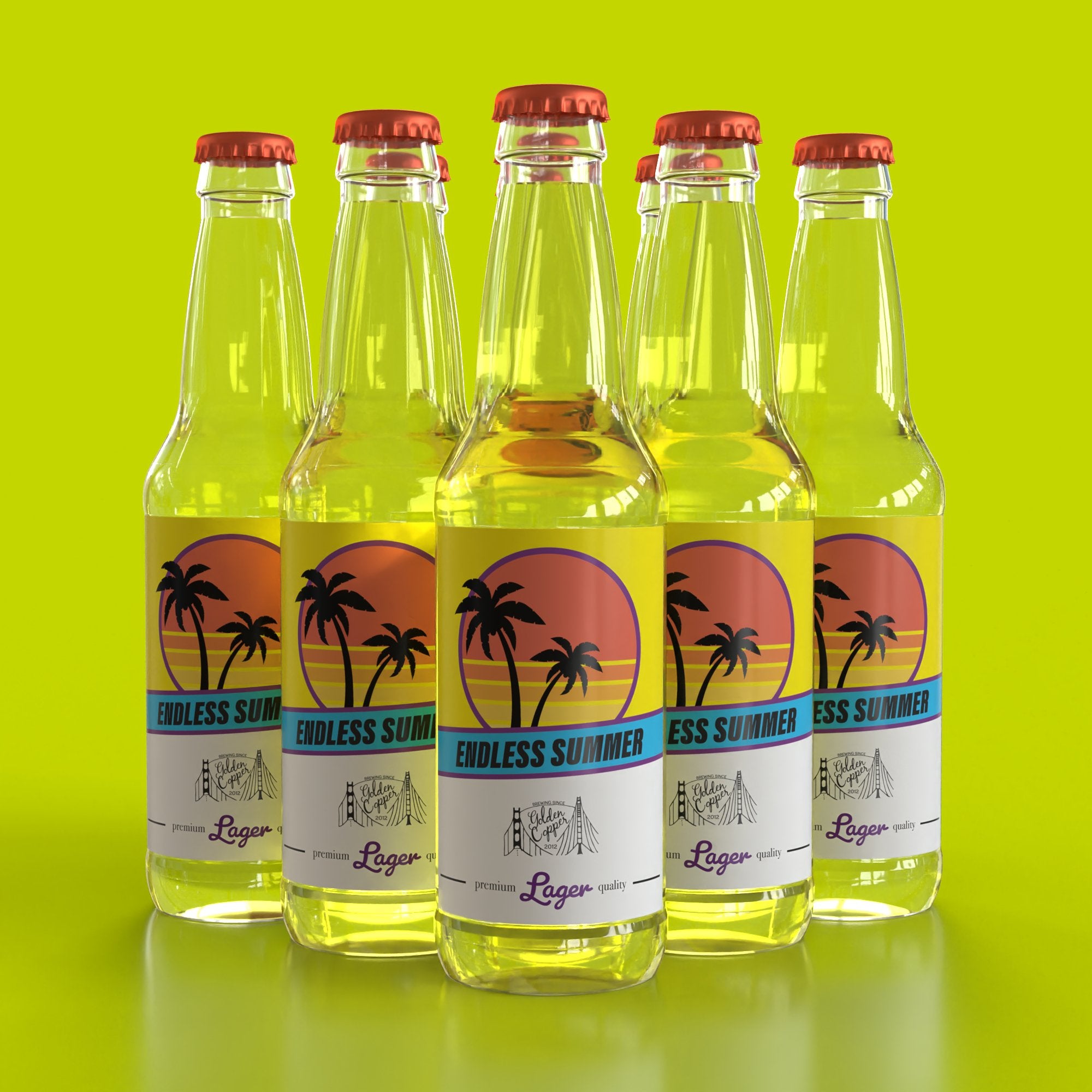  Five clear glass bottles of "Endless Summer" lager lined up diagonally, with red caps and colorful labels featuring palm trees against a sunset, on a bright green background