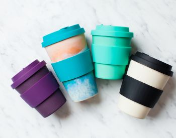 purple, blue, teal, and black & white coffee cups