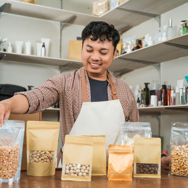 packaged bags of nuts and dry food arranged in a line by an employee