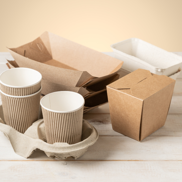food trays, coffee cups and take out box