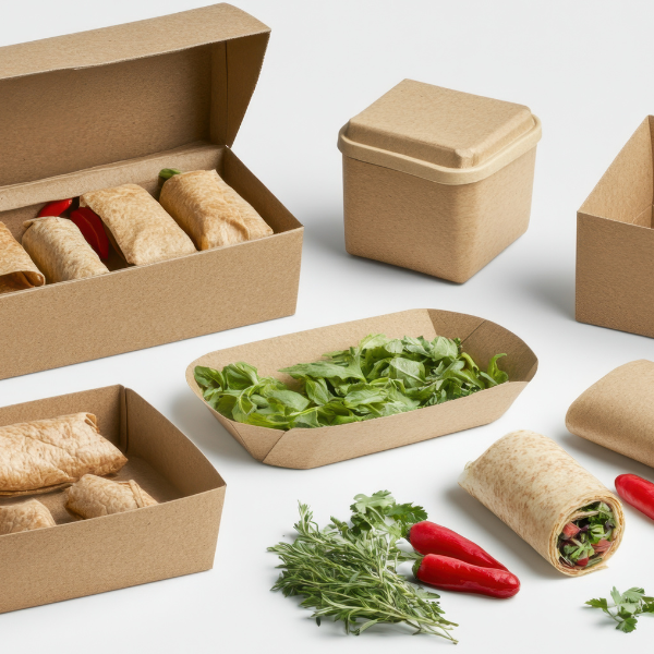 packaging boxes and trays with food in them