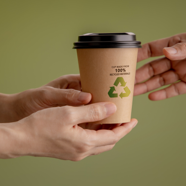 a brown recyclable coffee cup