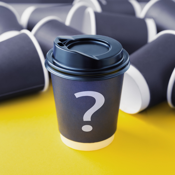 a coffee cup with a question mark