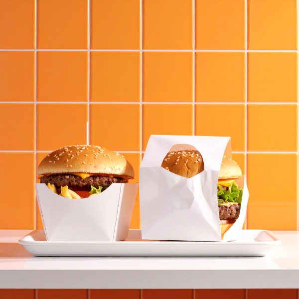 sandwich and burger in takeout packaging