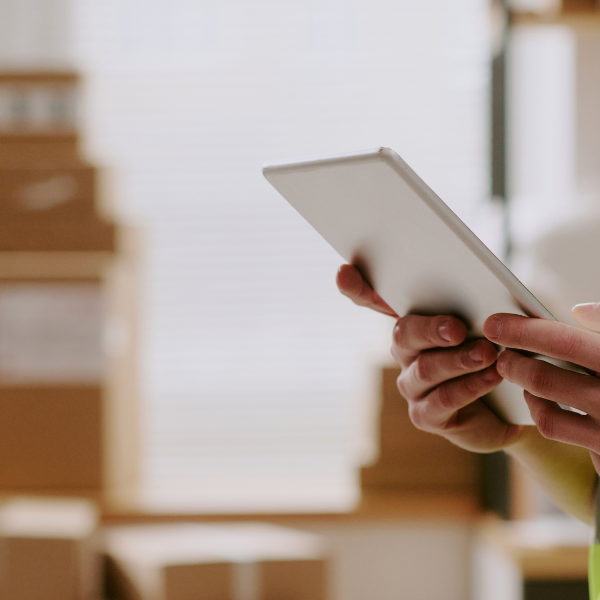 holding a tab with boxes in the background