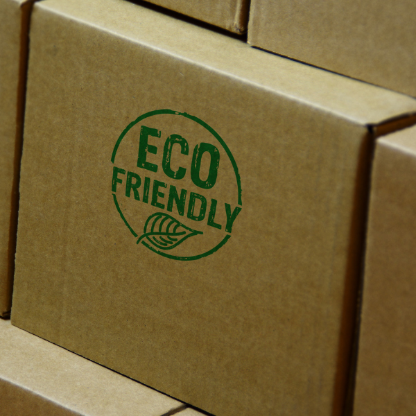 green ink spelling eco-friendly  on a packaging box