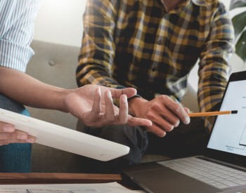 explaining a product design on laptop screen