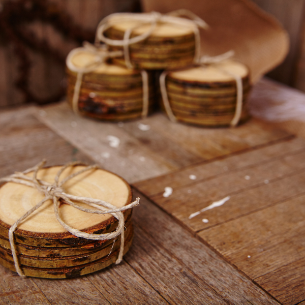 wooden coaster stack tied with a string