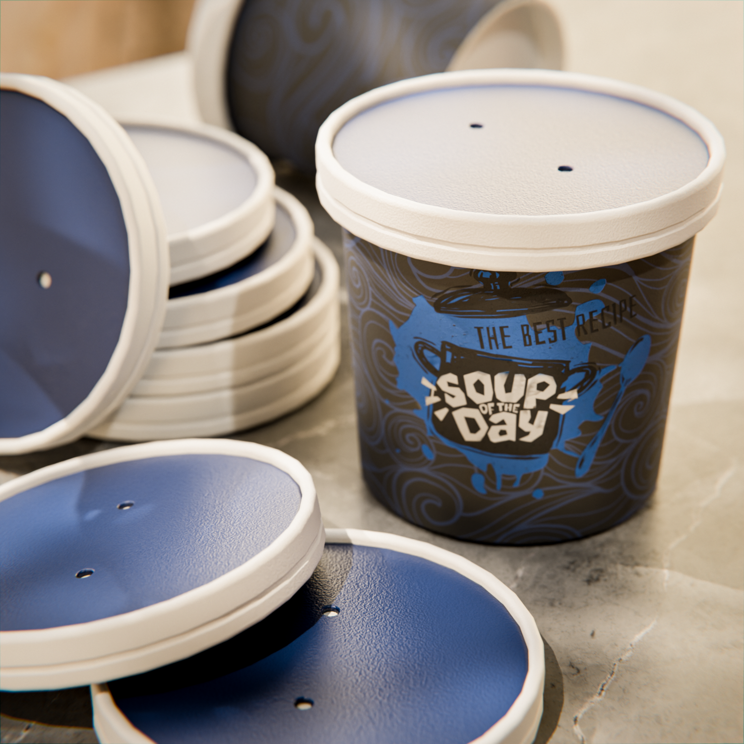 Round Blue and White Stripe Paper Soup Container Lid - Fits 12 oz - 200 count box