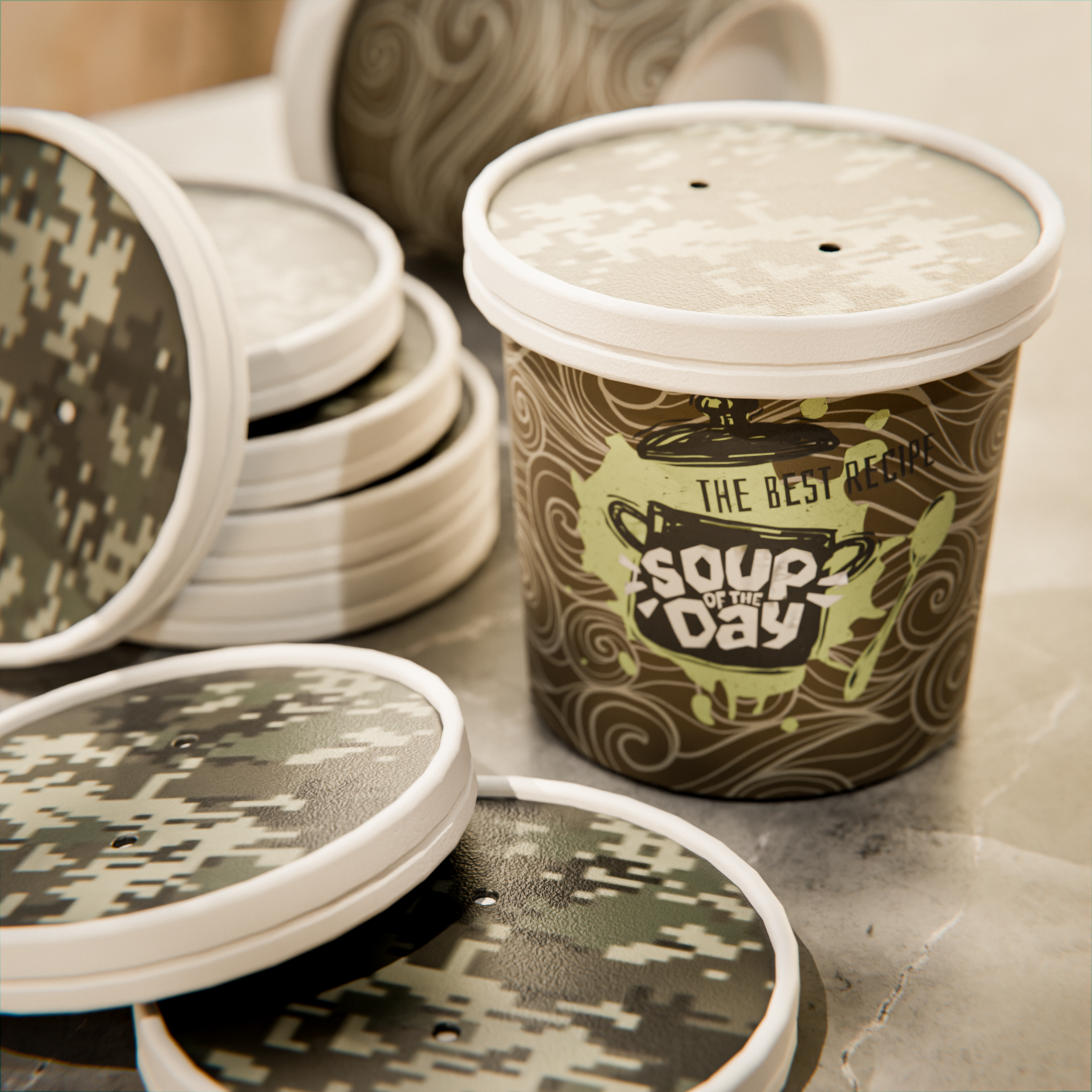 Round Camouflage Paper Soup Container Lid - Fits 12 oz - 200 count box