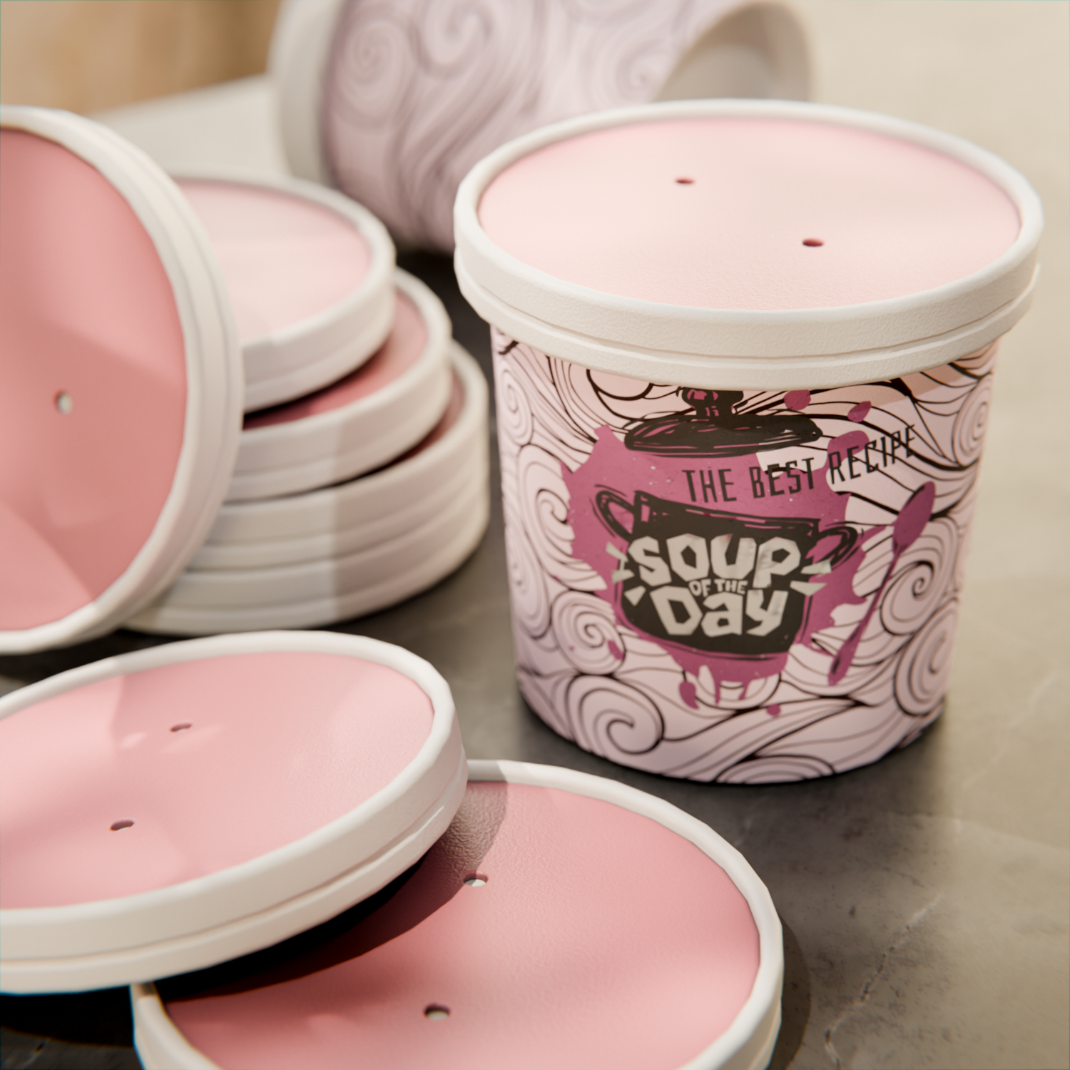 Round Pink and White Stripe Paper Soup Container Lid - Fits 12 oz - 200 count box