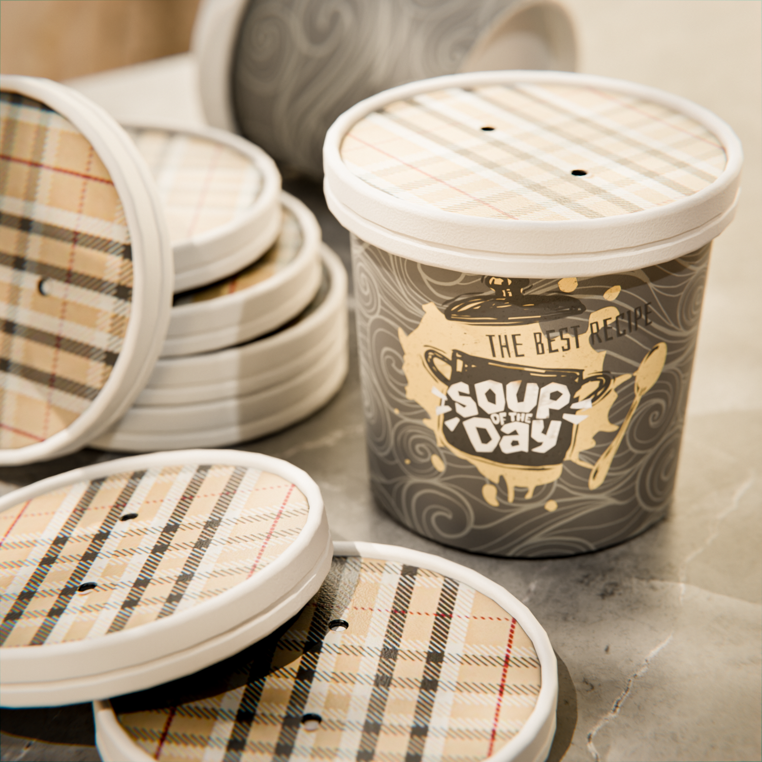 Round Plaid Paper Soup Container Lid - Fits 12 oz - 200 count box